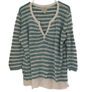 Caribbean Joe Blouse Blue White Stripes V Neck Stretchy Size XL